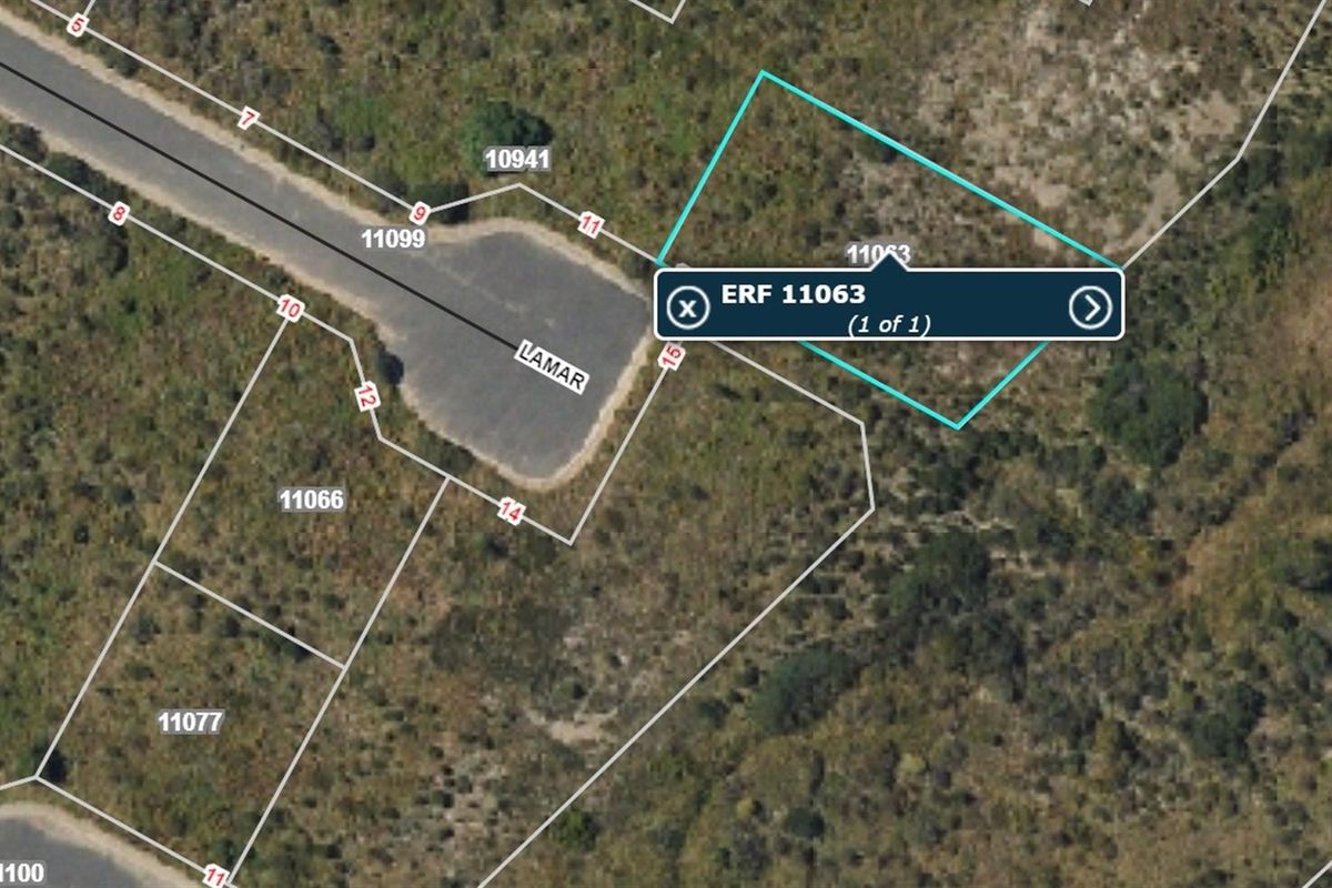 An aerial view showing the land parcel boundaries for Erf 11063, highlighting its location and orientation within the residential estate.