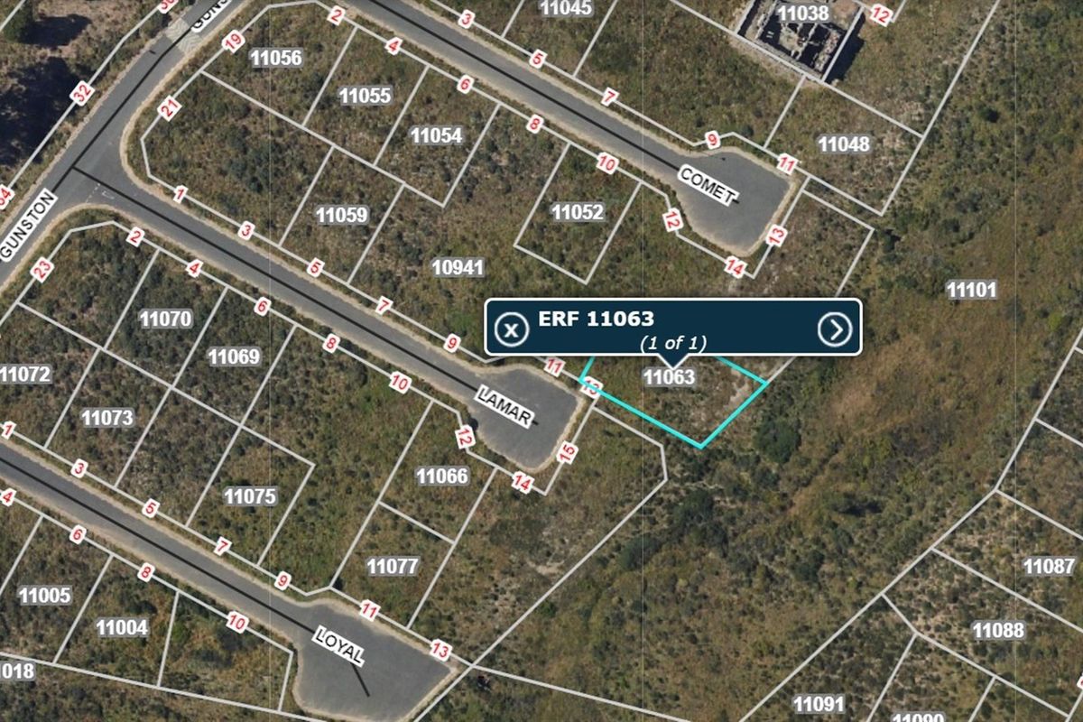 An aerial view showing the cadastral boundaries and location of Erf 11063 within the residential estate.
