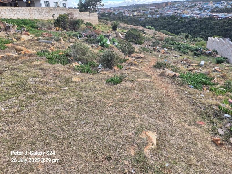 A sloped vacant residential plot featuring natural vegetation, rocky terrain, and partial boundary walling with views of the surrounding neighborhood.