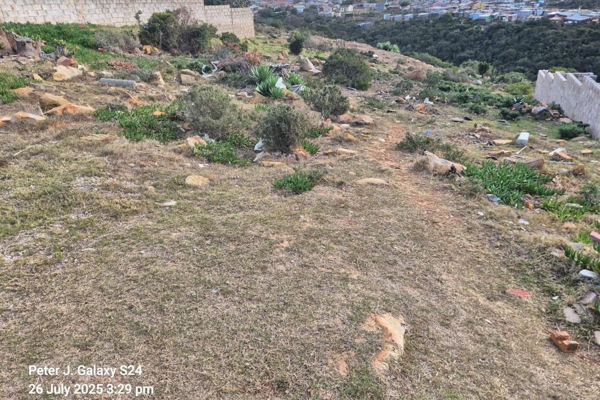 A sloped vacant residential plot featuring natural vegetation, rocky terrain, and partial boundary walling with views of the surrounding neighborhood.
