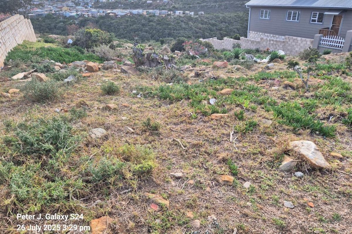 A sloped, undeveloped residential plot featuring natural vegetation, rocky terrain, and existing boundary walls with a view of the surrounding neighborhood.