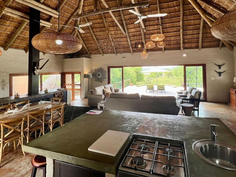 Spacious open-plan living area featuring a high thatched roof with exposed timber trusses, a central kitchen island with gas hob, and large sliding doors.