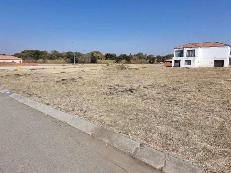 A view of a vacant residential plot from the adjacent paved street, featuring established curbing and street lighting infrastructure.