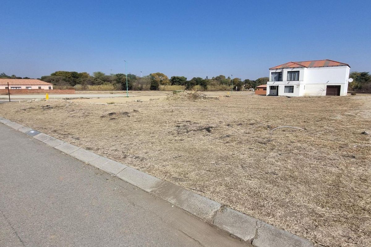 A view of a vacant residential plot from the adjacent paved street, featuring established curbing and street lighting infrastructure.