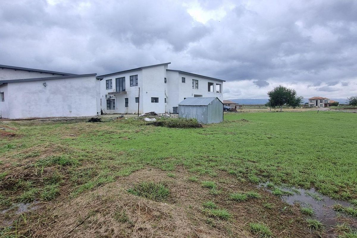 A view of the rear yard area featuring a grass lawn and a small metal storage shed, with the main building structure visible.