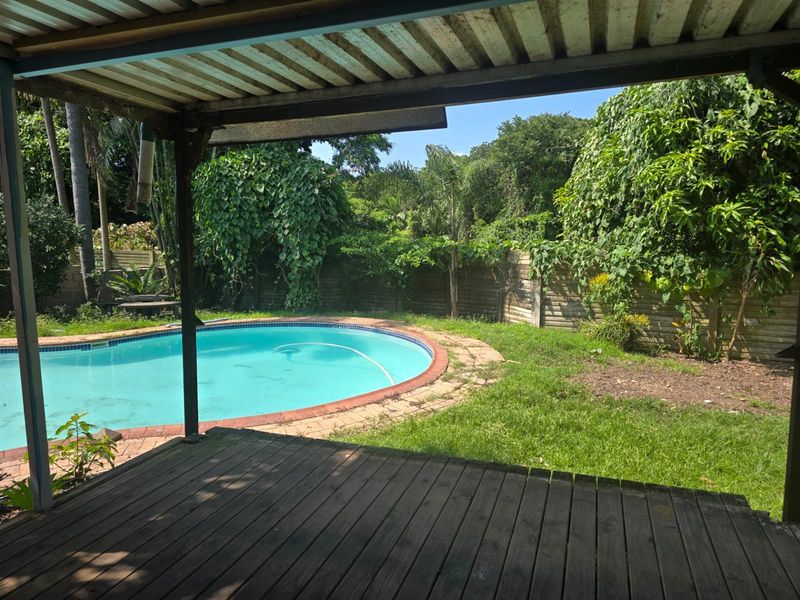 Outdoor entertainment area featuring a swimming pool with brick coping, a covered timber deck, and a private garden with established trees and fencing.