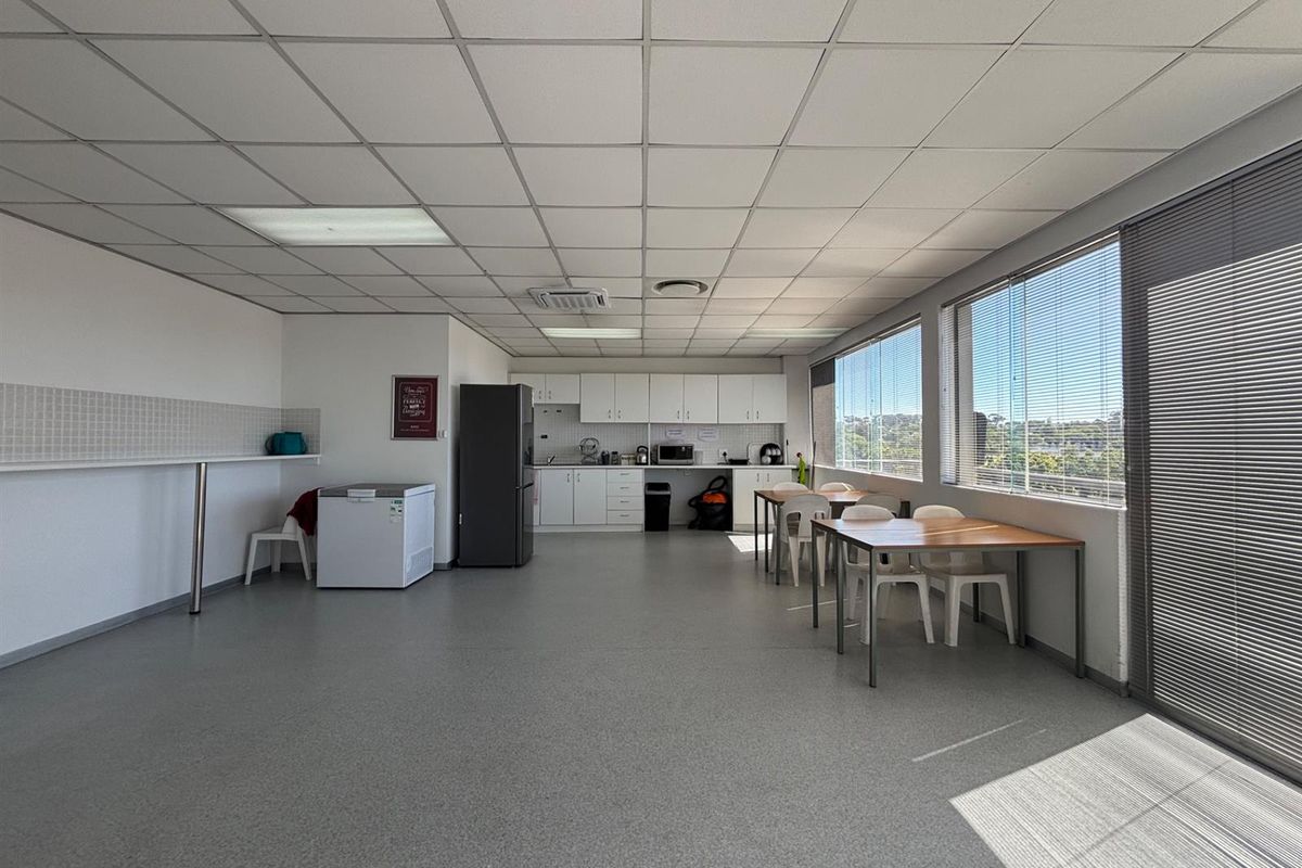 A functional office kitchen area featuring built-in cabinetry, tiled backsplash, and large windows with venetian blinds, providing ample natural light.