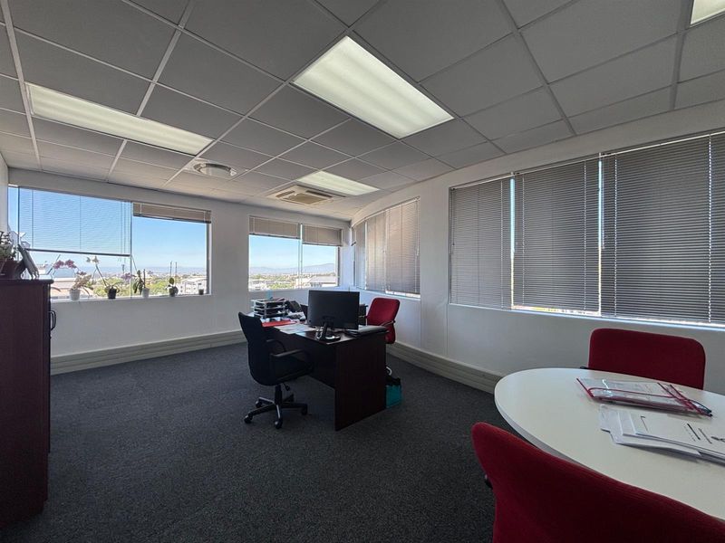 A bright office space featuring a suspended ceiling, recessed lighting, carpeted flooring, and large windows with venetian blinds offering expansive views.