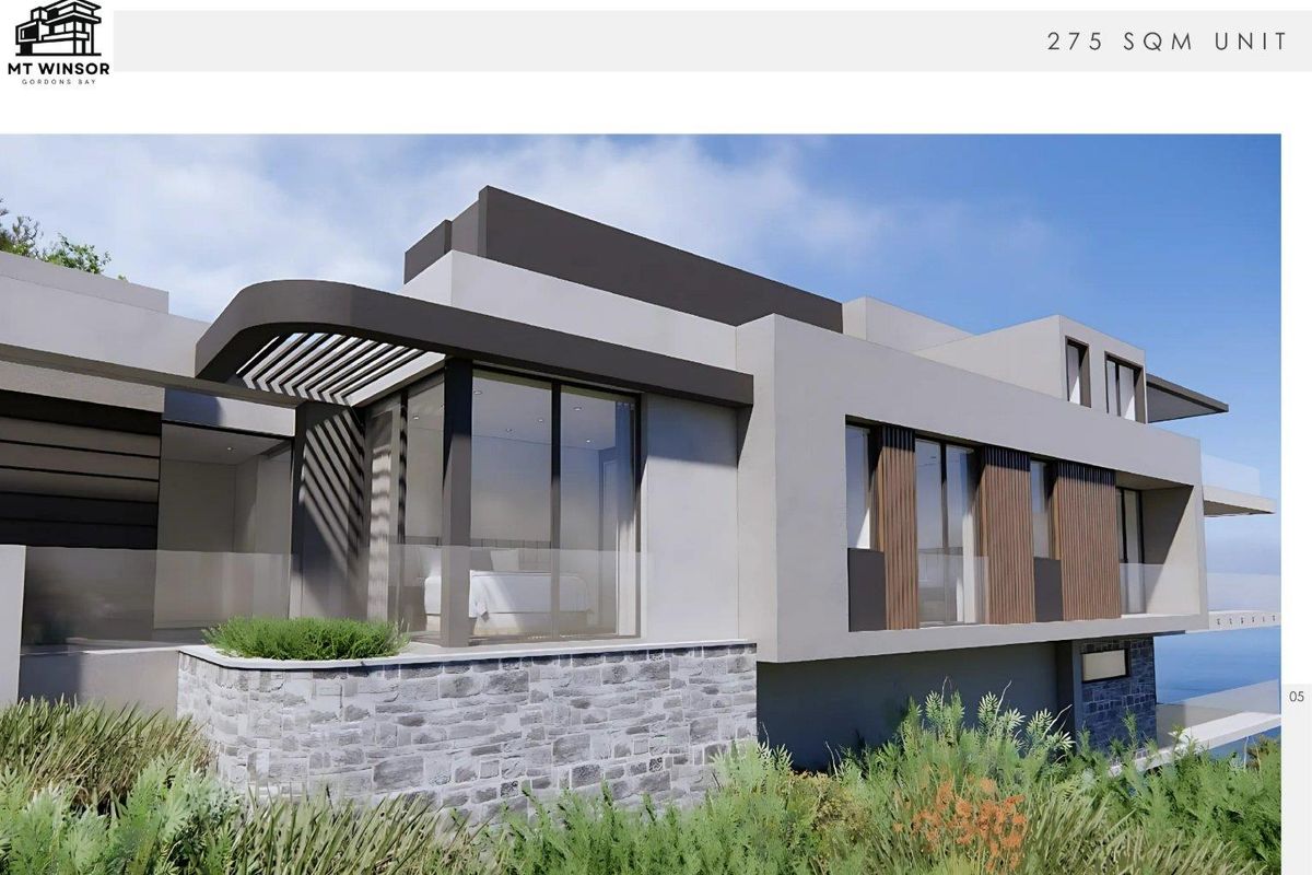 Architectural rendering of a modern residential unit featuring contemporary facade design, stone cladding, and large glass sliding doors.