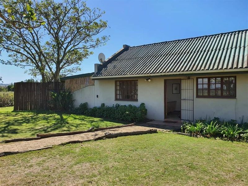 Rear view of the farm cottage featuring a corrugated roof, timber-framed windows, and a garden pathway leading to the entrance.
