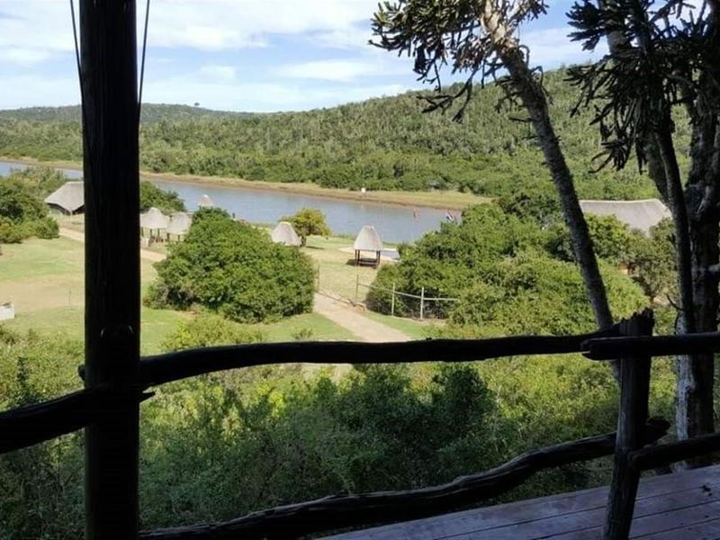 Elevated view overlooking a river landscape with thatched structures and lush greenery, captured from a rustic wooden deck.