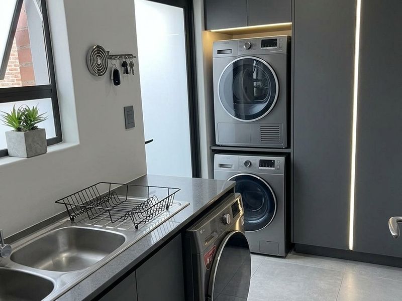 Modern laundry room featuring sleek dark cabinetry, integrated LED lighting, tiled floors, and a double stainless steel sink with dedicated appliance housing.