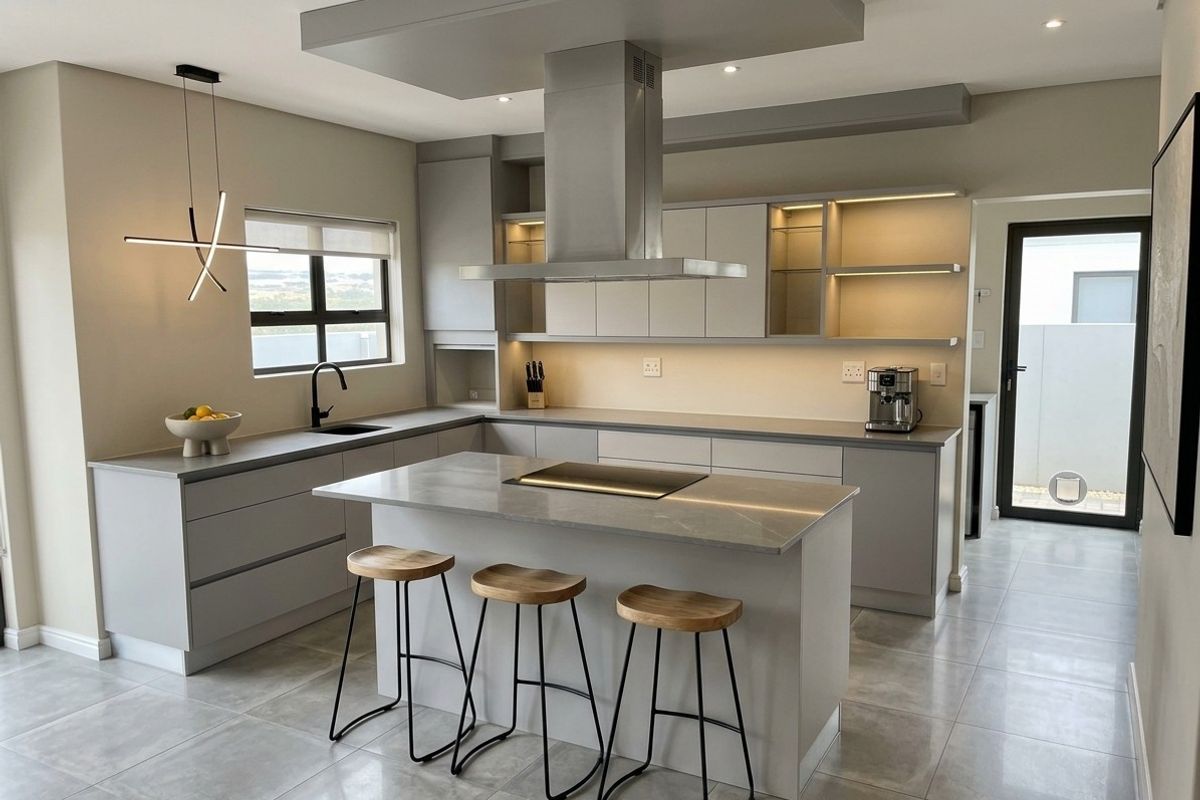 A modern, high-end kitchen featuring a central island with a built-in cooktop, sleek cabinetry, stone countertops, and integrated lighting throughout.