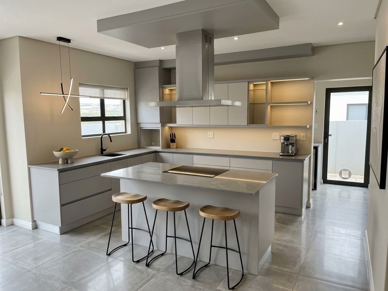 A modern, high-end kitchen featuring a central island with a built-in cooktop, sleek cabinetry, stone countertops, and integrated lighting throughout.