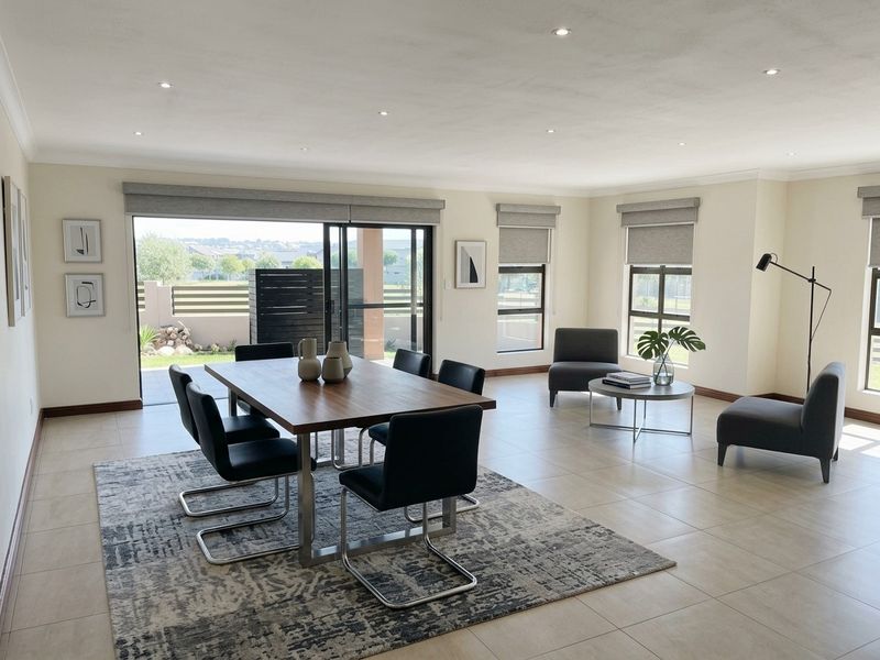 Spacious open-plan living and dining area featuring large sliding glass doors, neutral tiled flooring, and recessed downlighting with views to the exterior.