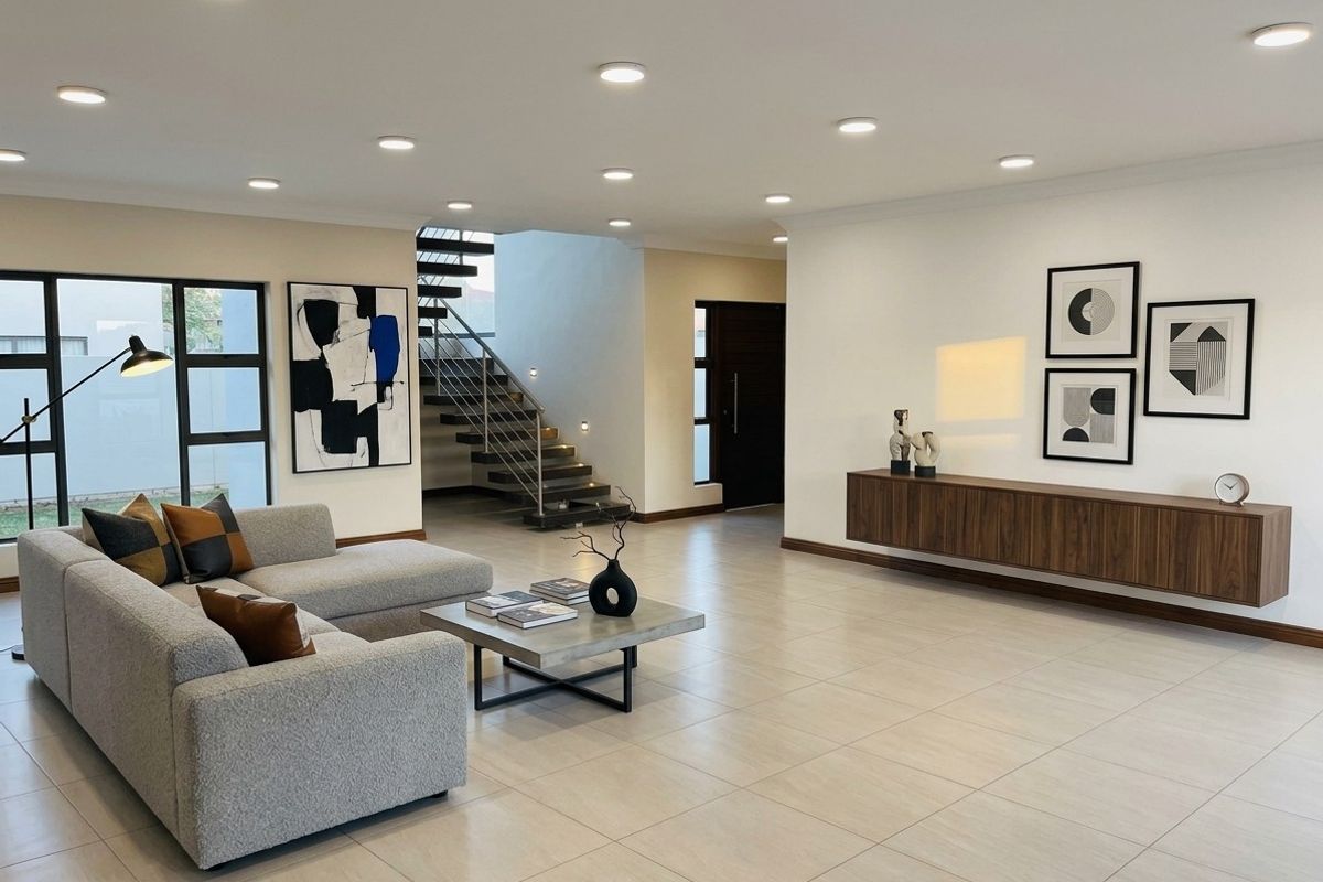 Spacious open-plan living area featuring large format floor tiles, recessed downlights, a modern floating timber cabinet, and a striking staircase with metal balustrade.