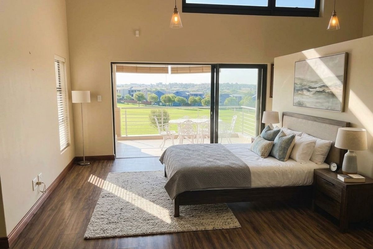 Spacious bedroom featuring laminate flooring, high ceilings with clerestory windows, and large sliding glass doors opening onto a private balcony with scenic views.