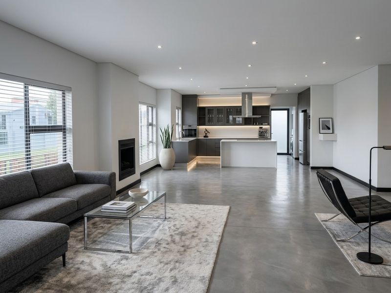 Modern open-plan living area featuring polished concrete floors, a sleek kitchen with island, and a built-in fireplace, creating a spacious and contemporary atmosphere.