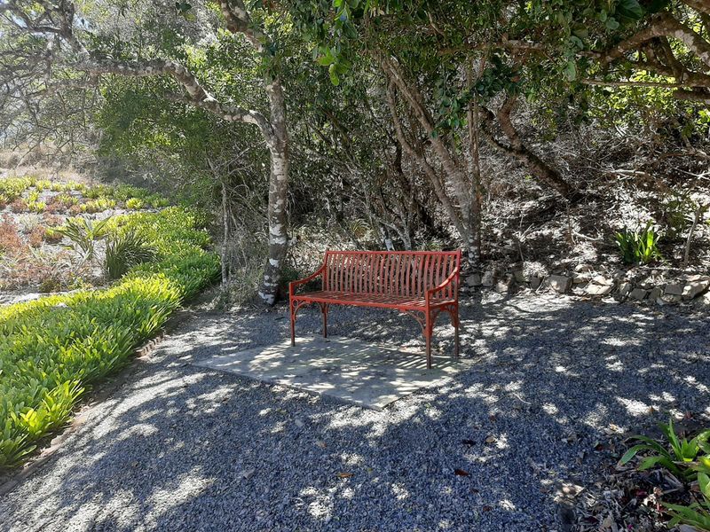 A quiet garden seating area featuring a concrete pad set within a landscaped, tree-shaded plot.
