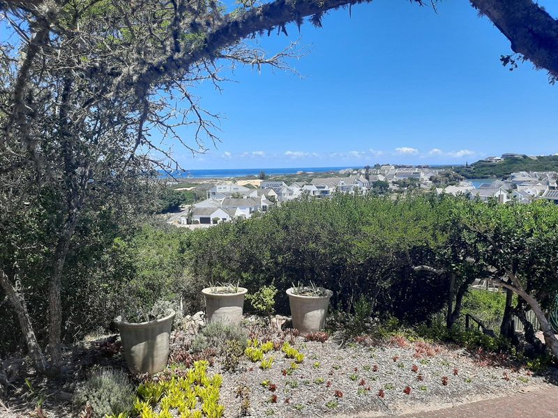 Elevated view overlooking the surrounding residential estate and distant coastline, framed by natural coastal vegetation and landscaped garden elements.