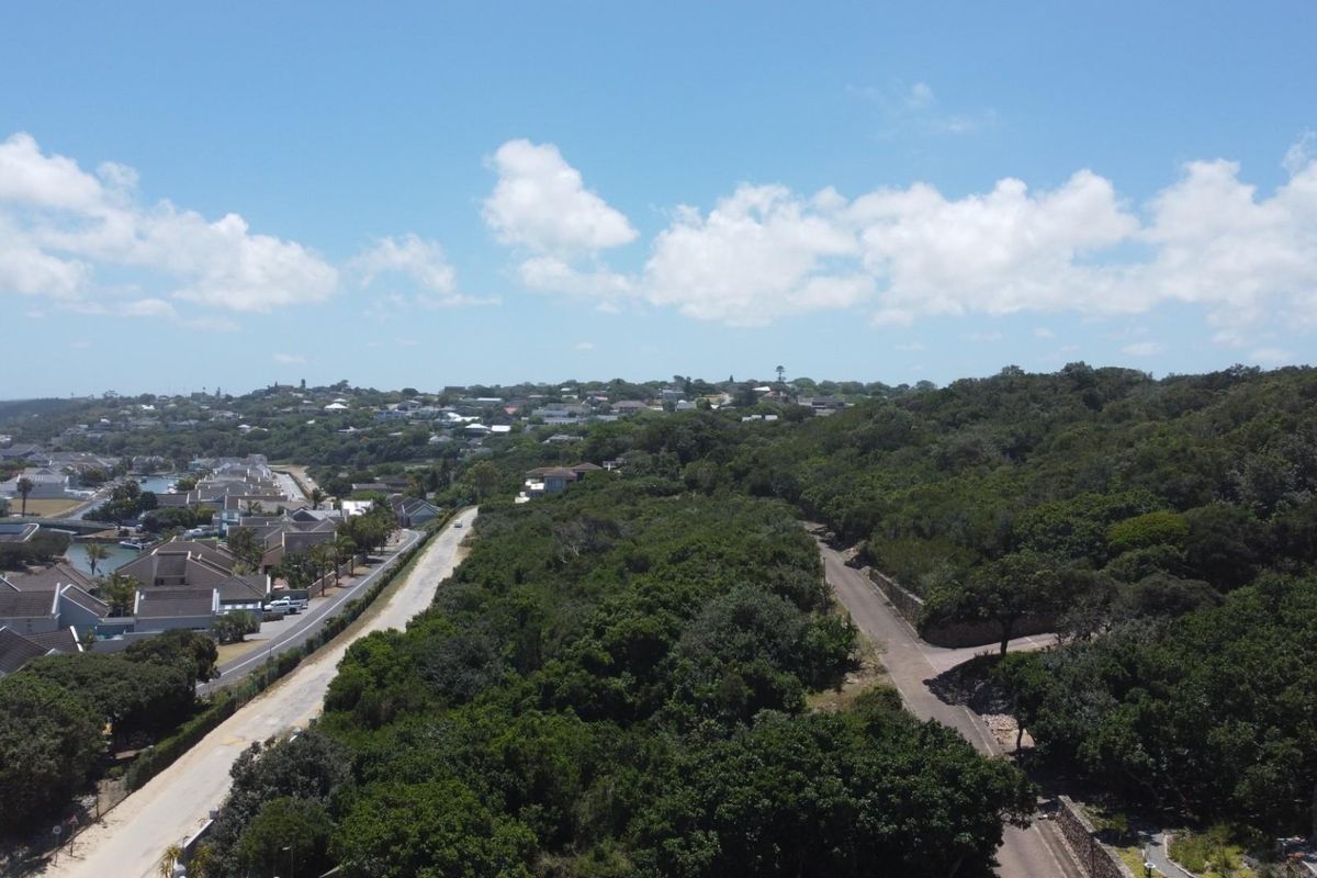 Aerial view of a residential area featuring dense natural vegetation, paved access roads, and surrounding suburban housing developments.
