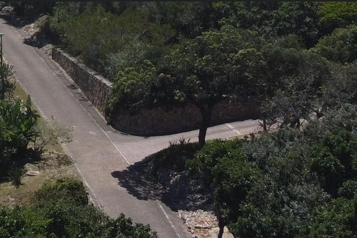 An aerial view of a paved residential street corner featuring a stone retaining wall and mature surrounding vegetation.