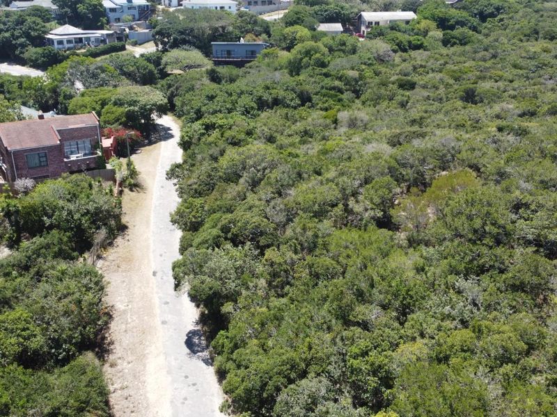 An aerial view of a vacant residential plot densely covered with indigenous coastal vegetation, situated in a established neighborhood.