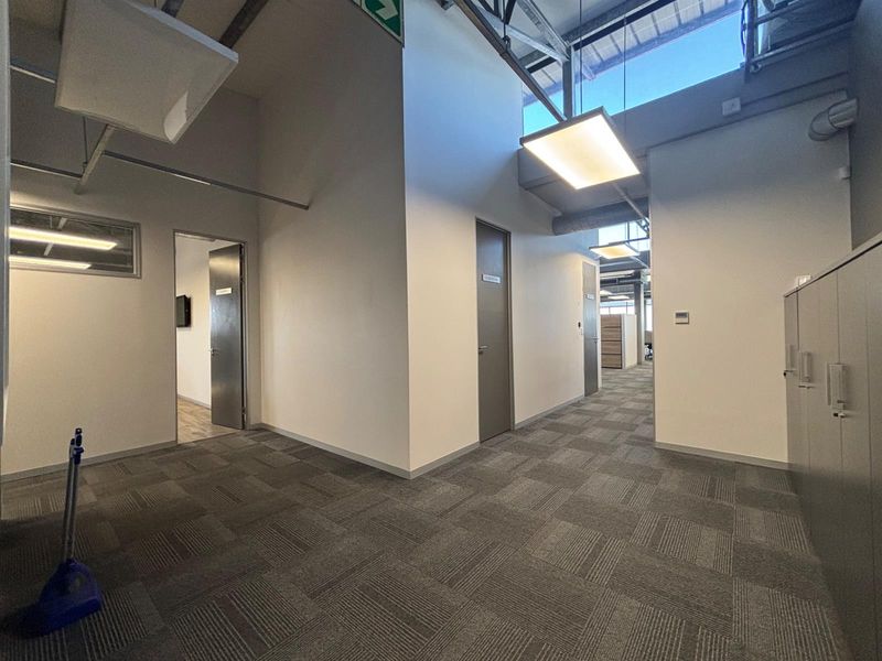 A clean, modern office hallway featuring carpet tiles, exposed ceiling trusses, and multiple internal office access points.
