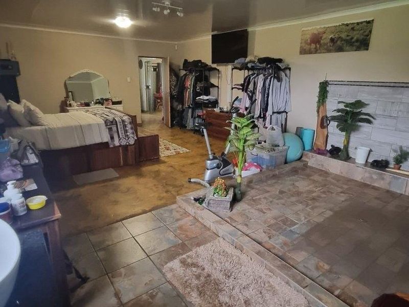 Spacious bedroom featuring a raised platform area with tiled feature wall and mixed flooring finishes.
