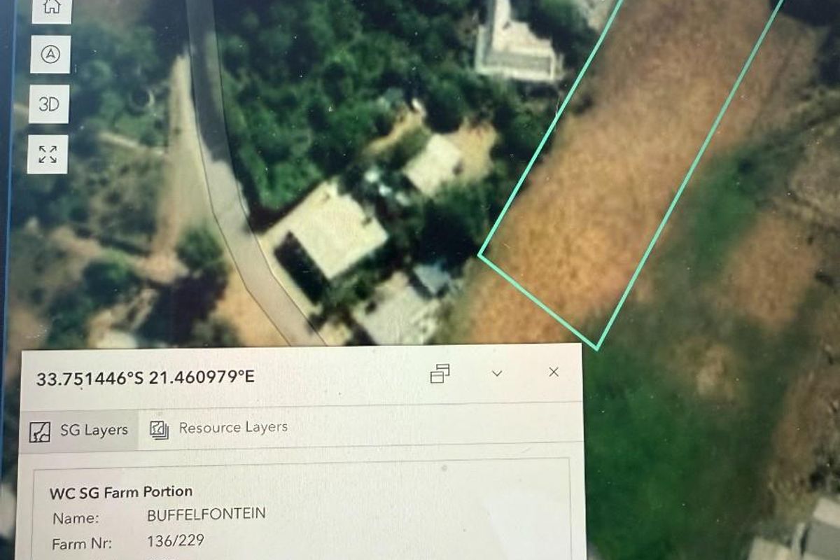 Aerial view of a farm portion in Ladismith, showing land boundaries and geographic coordinates on a digital mapping interface.