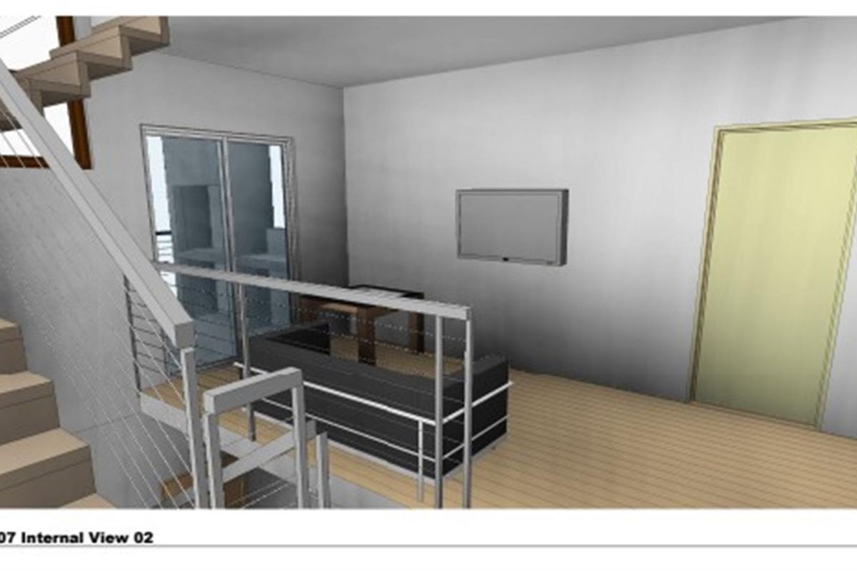 A 3D architectural rendering showing an interior living space with a staircase, metal railing, and doorway.