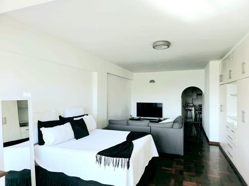 Open-plan studio apartment featuring dark parquet flooring, built-in storage cupboards, and a distinct archway leading to a secondary kitchen area.