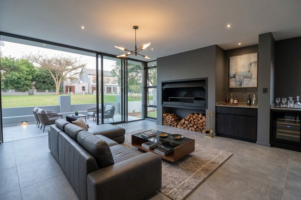 Modern living room featuring a built-in fireplace, custom cabinetry with a wine cooler, and large sliding doors opening to a patio area.