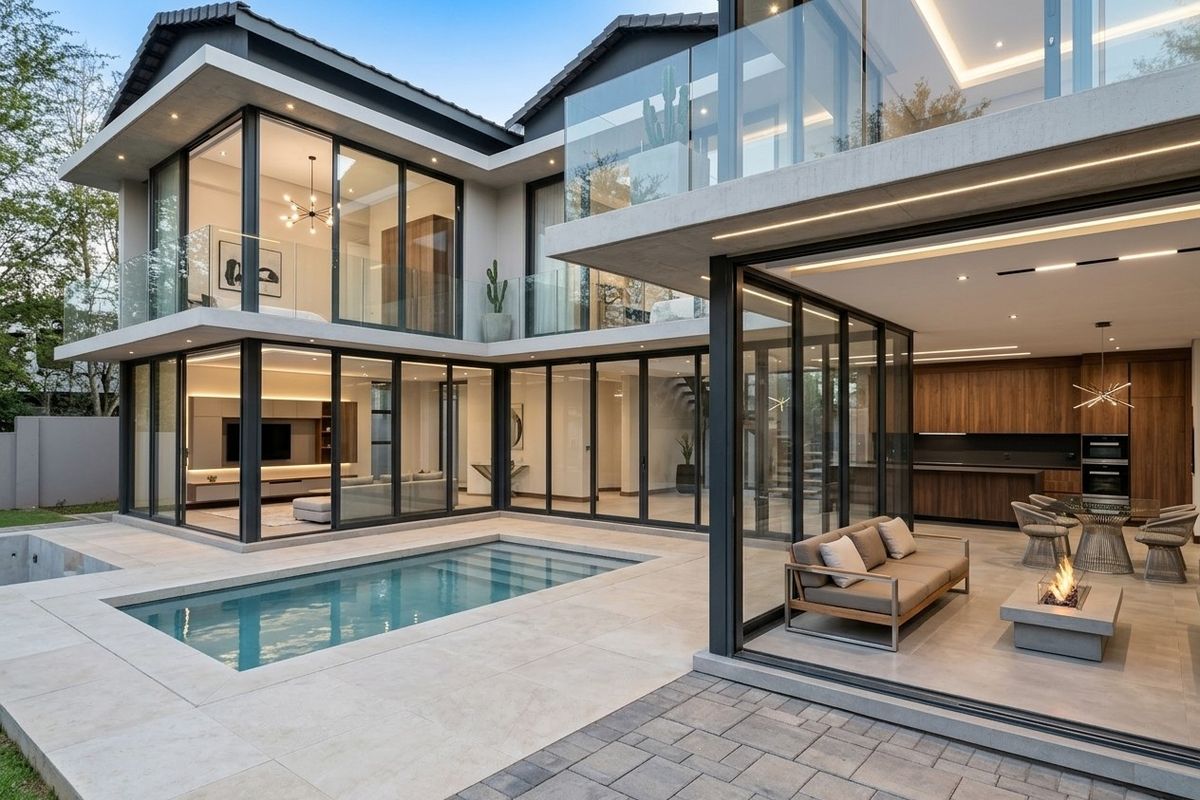Modern luxury residence featuring a seamless indoor-outdoor flow, private swimming pool, expansive glass sliding doors, and contemporary architectural finishes.