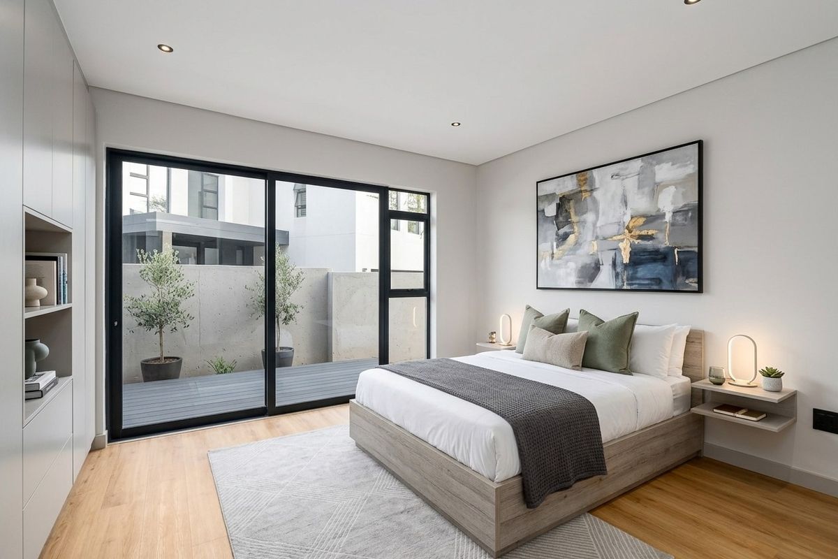 Modern bedroom featuring timber flooring, built-in cabinetry, floating bedside shelves, and large sliding glass doors opening to a private patio area.