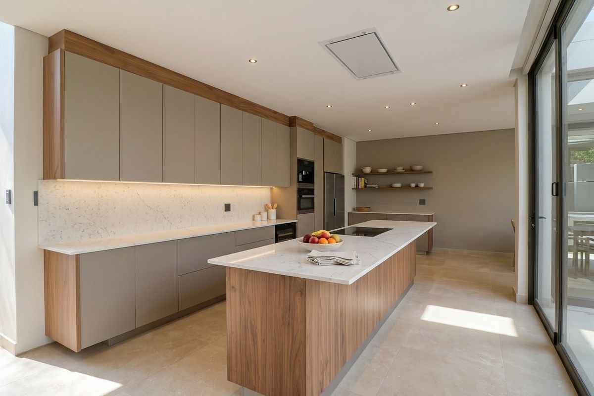 Modern kitchen featuring high-end cabinetry, stone countertops, a central island, integrated appliances, and large sliding glass doors opening to the exterior.