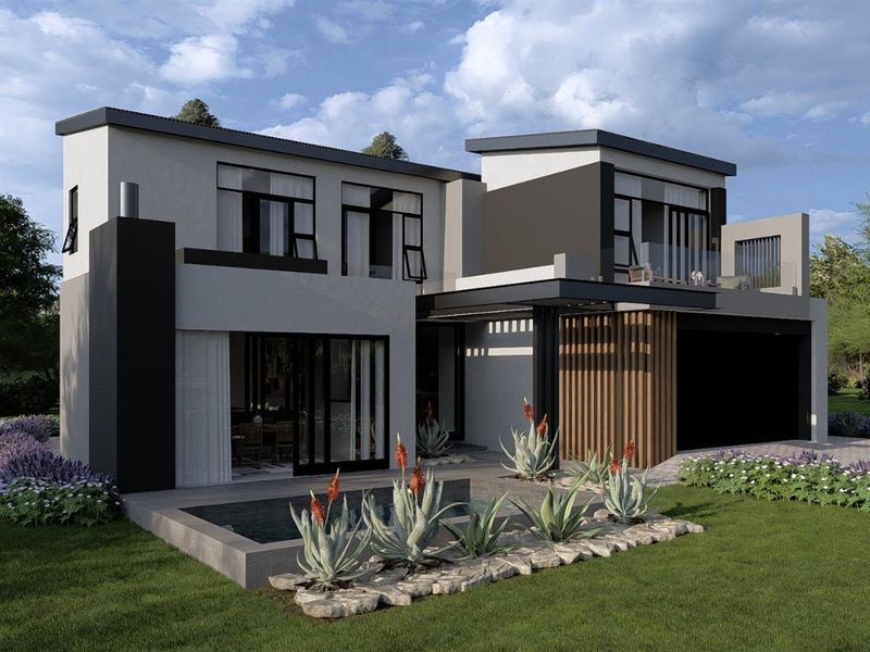A modern two-story residential property featuring contemporary architectural design, clean lines, large glass sliding doors, and a landscaped garden area.