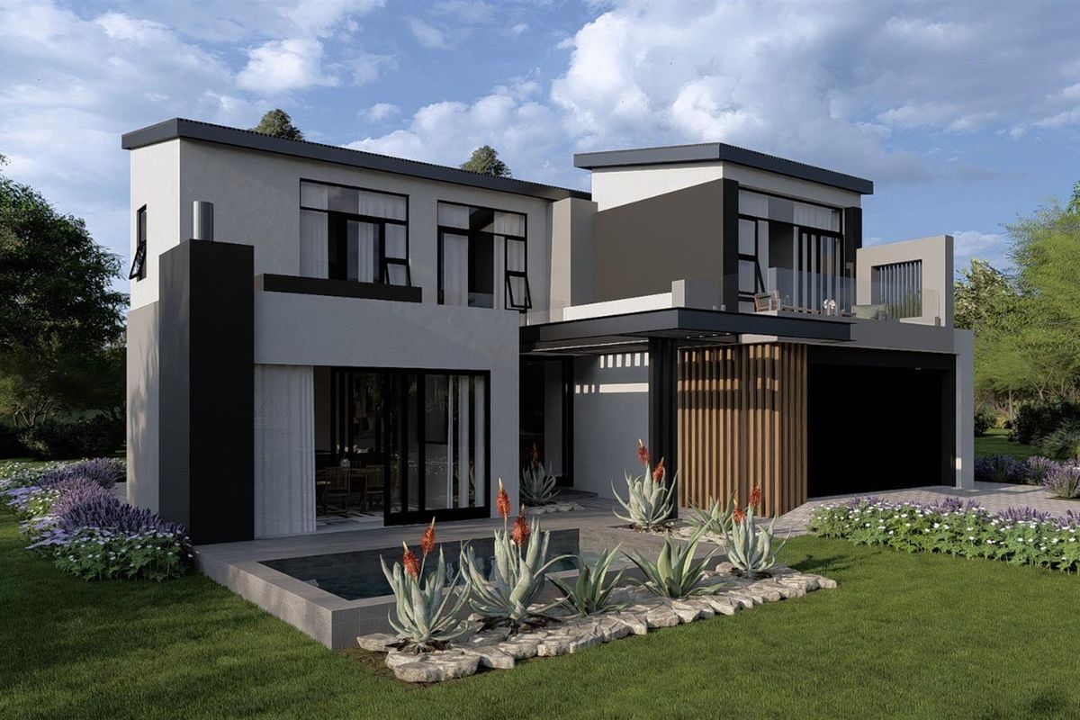 A modern two-story residential property featuring contemporary architectural design, clean lines, large glass sliding doors, and a landscaped garden area.