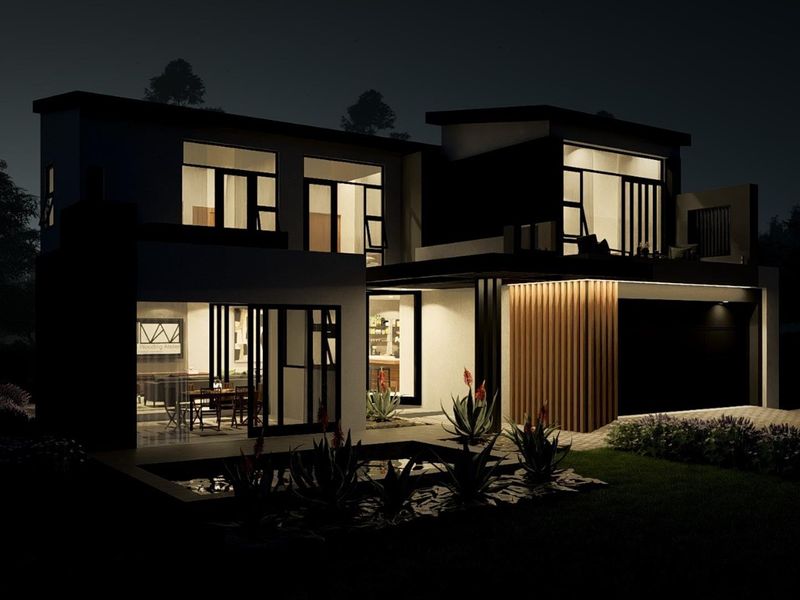 Modern double-story residential facade at night, featuring contemporary architectural design, large glass windows, integrated lighting, and a landscaped front garden area.