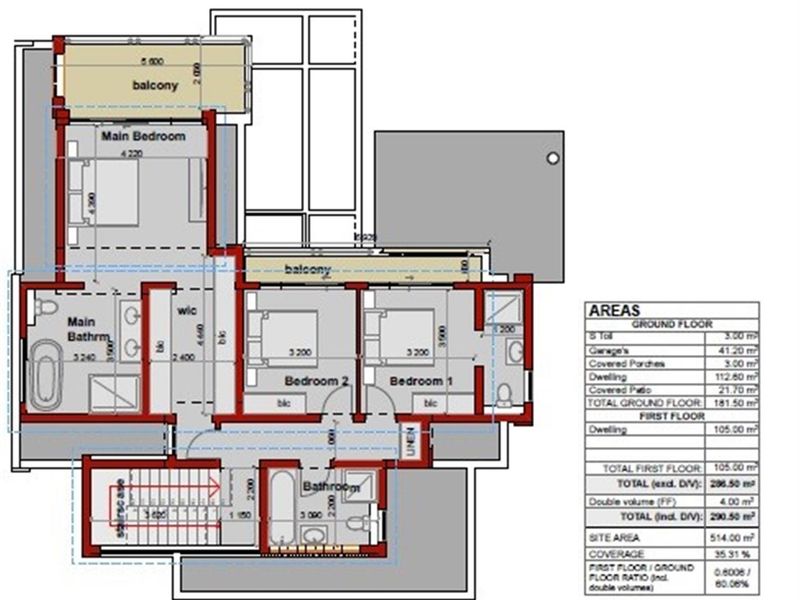 A detailed architectural floor plan of the property's first floor, illustrating the layout of bedrooms, bathrooms, and balcony areas.