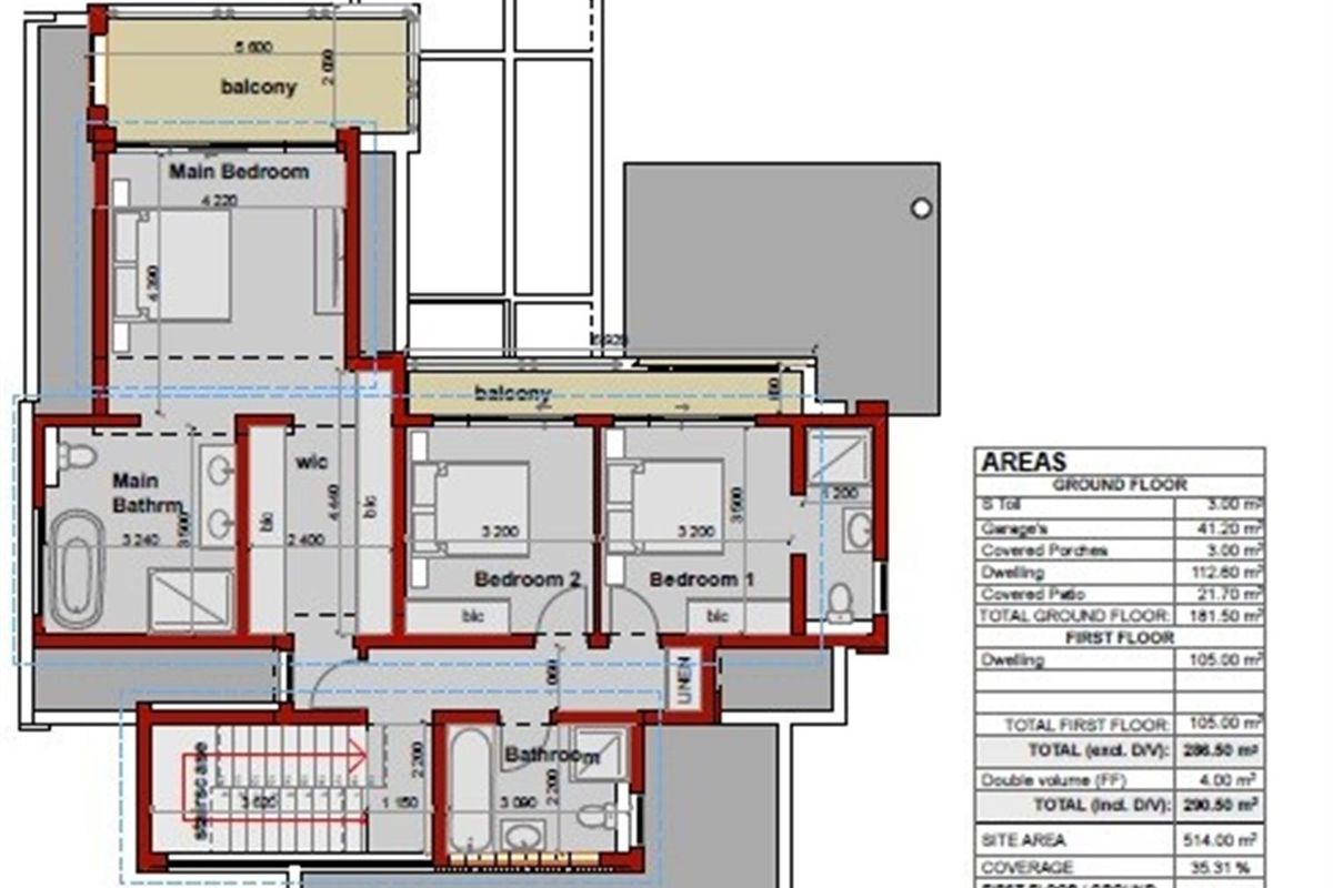 A detailed architectural floor plan of the property's first floor, illustrating the layout of bedrooms, bathrooms, and balcony areas.