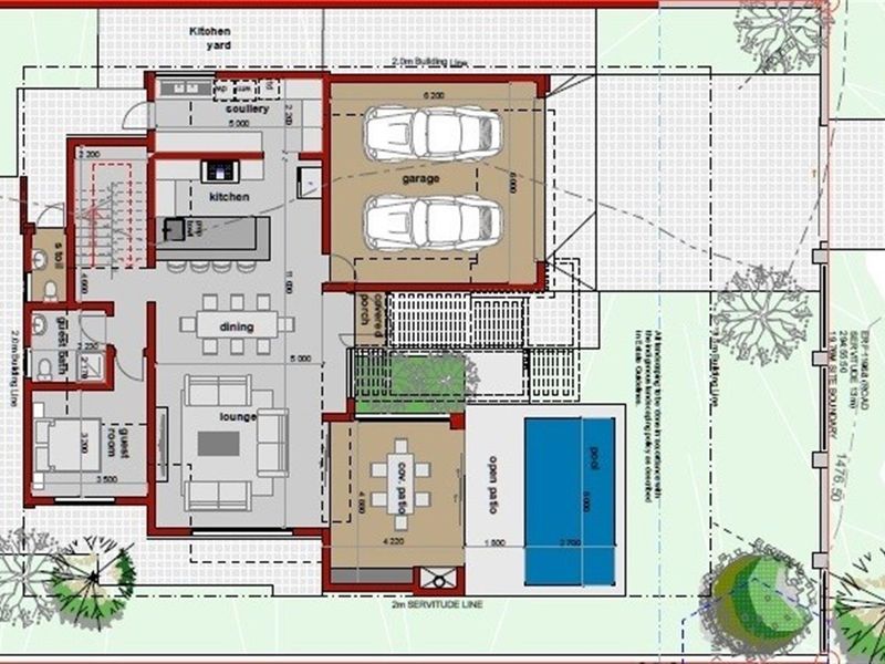 Architectural floor plan showing the layout of the ground floor, including living areas, kitchen, garage, patio, and pool.