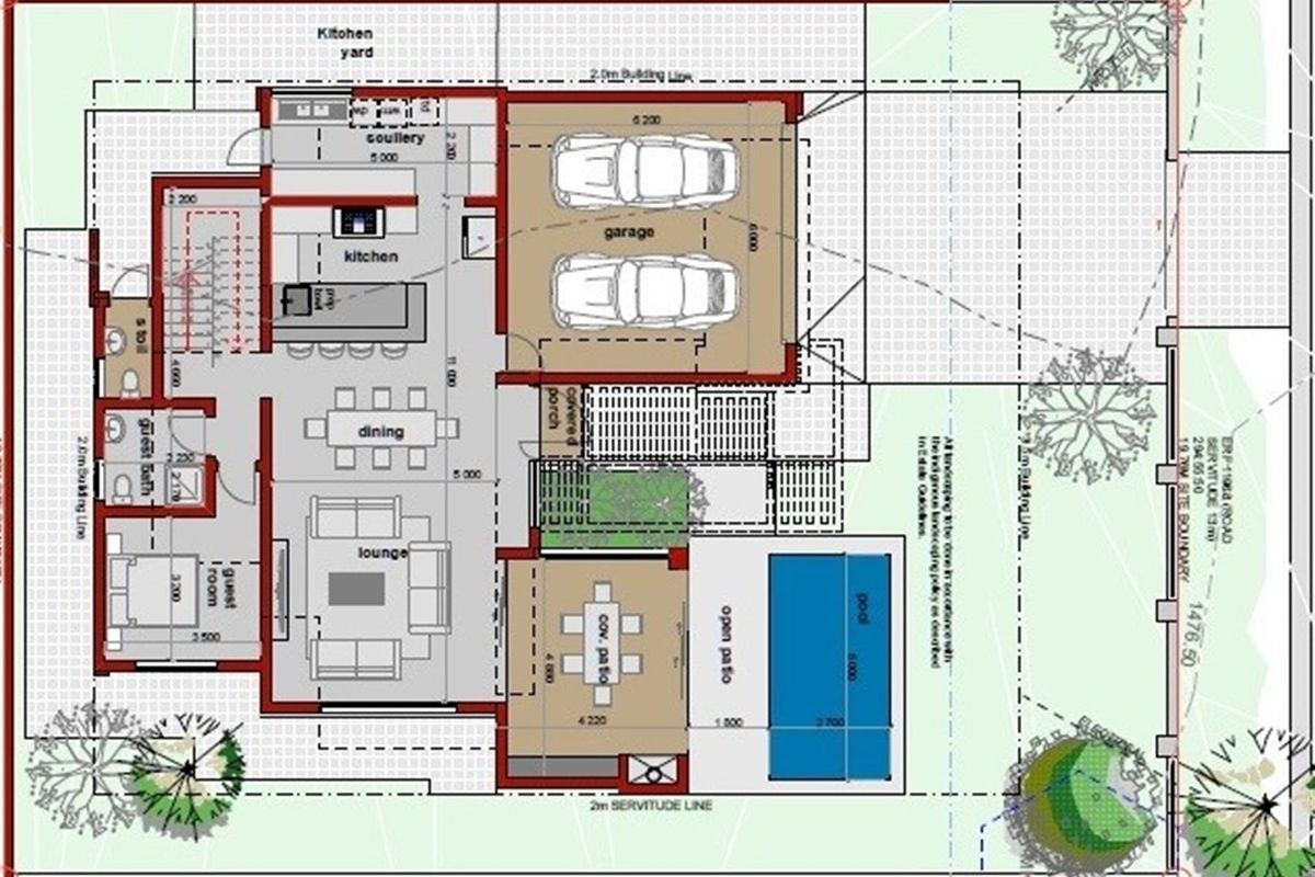 Architectural floor plan showing the layout of the ground floor, including living areas, kitchen, garage, patio, and pool.
