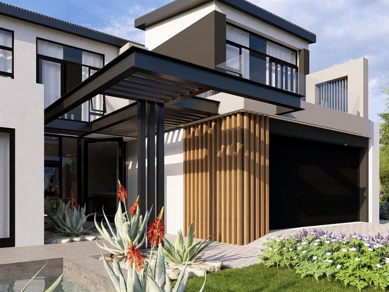 Modern architectural exterior front facade featuring clean lines, timber slat detailing, a covered entrance, and a double garage.