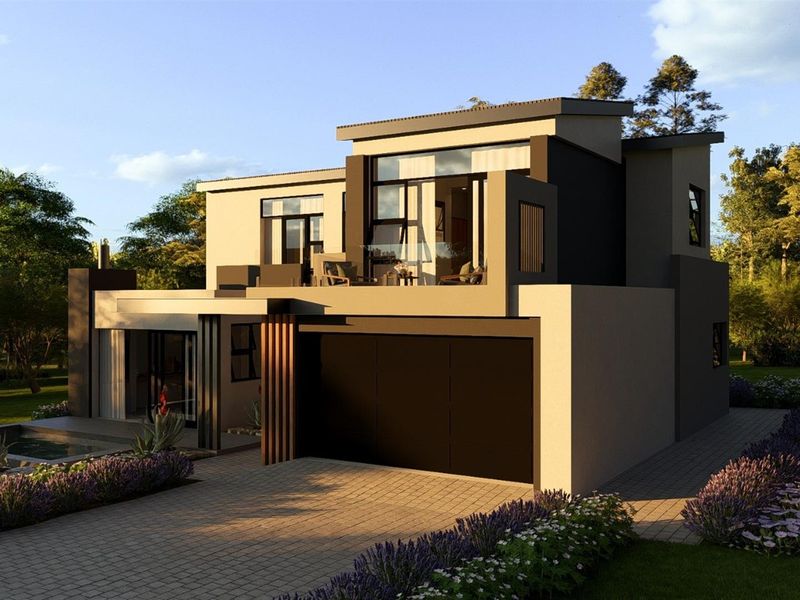 A modern two-story residential house featuring a sleek facade, integrated garage, and an upper-level balcony, presented as a high-quality architectural rendering.