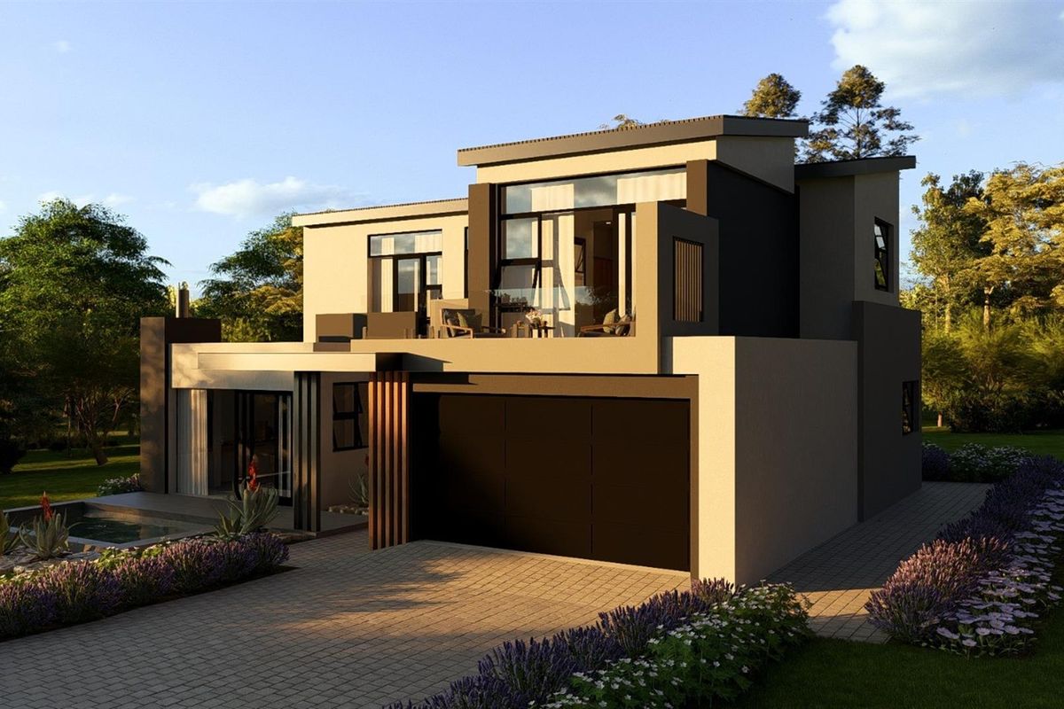 A modern two-story residential house featuring a sleek facade, integrated garage, and an upper-level balcony, presented as a high-quality architectural rendering.