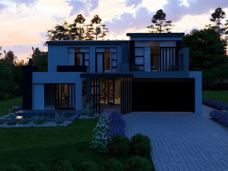 Modern two-story architectural home featuring a paved driveway, integrated garage, and landscaped garden at dusk.