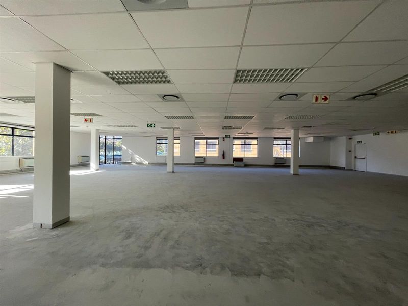 A large, open-plan office space featuring a suspended ceiling, recessed lighting, and structural columns, currently presented as a blank canvas with unfinished flooring.