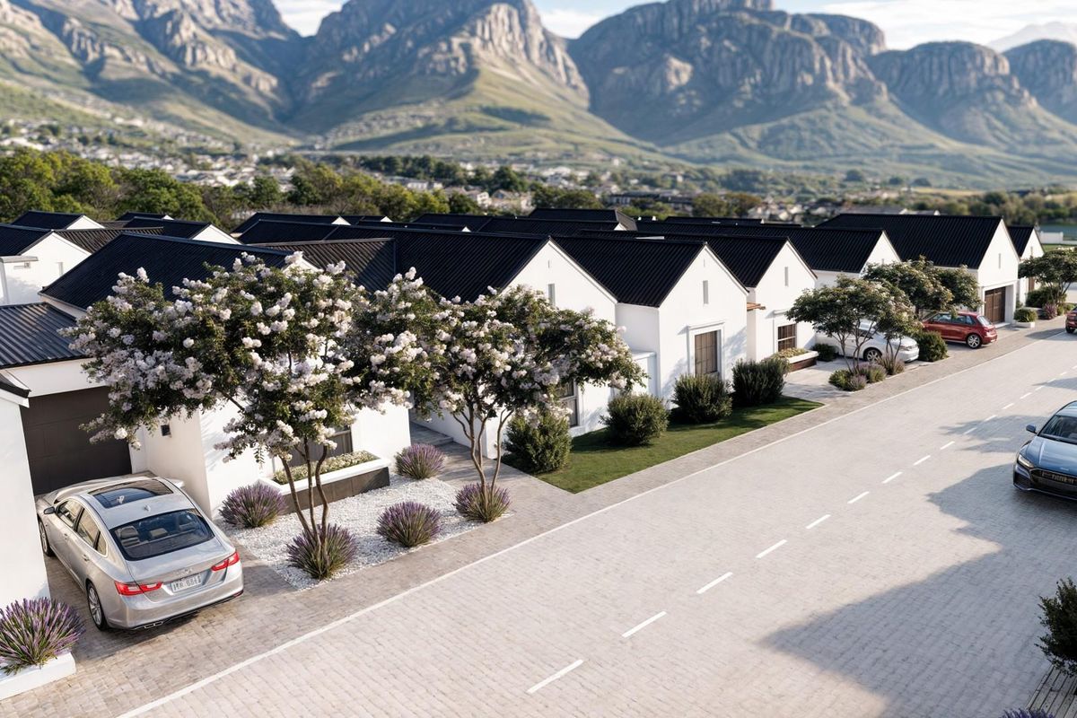 An elevated view of a modern retirement village featuring white facades, dark pitched roofs, paved driveways, and landscaped gardens against a mountain backdrop.