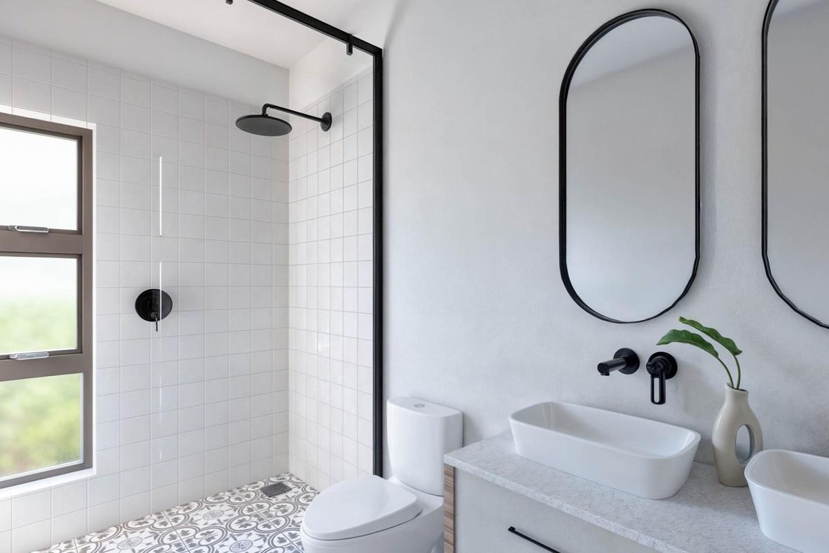 Modern bathroom featuring a walk-in shower with black fixtures, dual vessel sinks on a stone vanity, and patterned floor tiles.